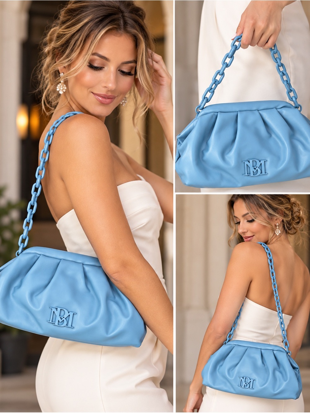 Badgley Mischka Blue Wrapped Frame Clutch Vegan Leather Chain Evening Bag